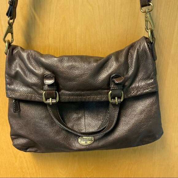 FOSSIL Large Tote Leather With Metallic Sheen Vintage Fabric  Strap Y2K - Picture 4 of 12